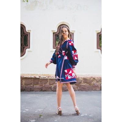 Boho Style Embroidered Classic Dress Navy with Red/White Embroidery